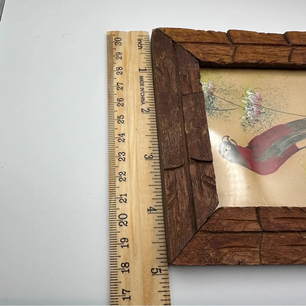 Vibrant Vintage Mexican Folk Art Feather Craft Red Bird Picture Carved Frame - Picture 14 of 16